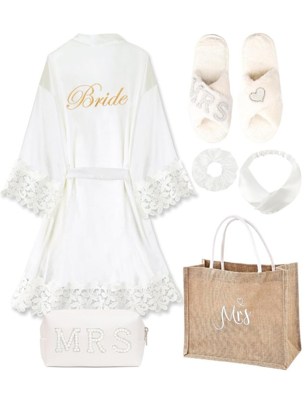 6 Pcs Bride Robe Set with Accessories for Bachelorette, Engagement & Bridal